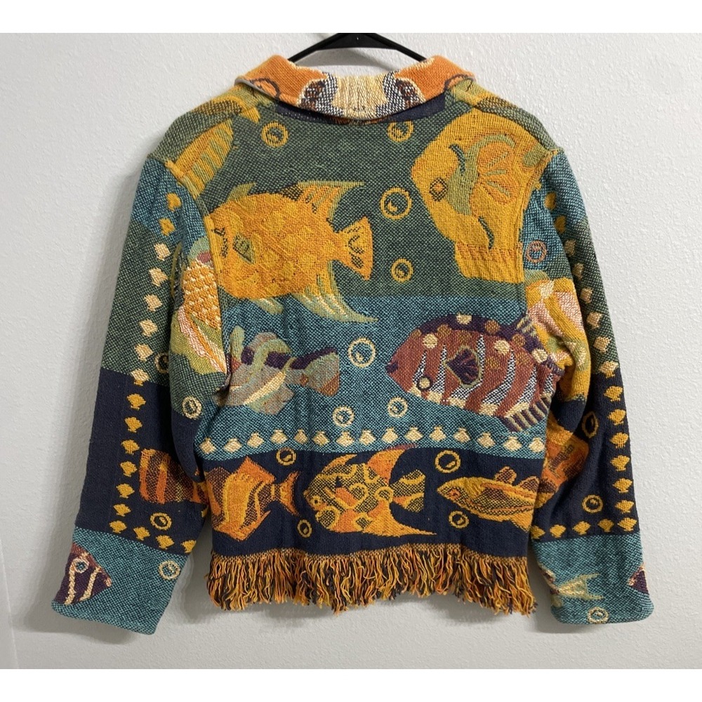 Vintage Sandy Starkman Tropical Fish Fringed Quilt‎ Blazer Size Large - Picture 2 of 5
